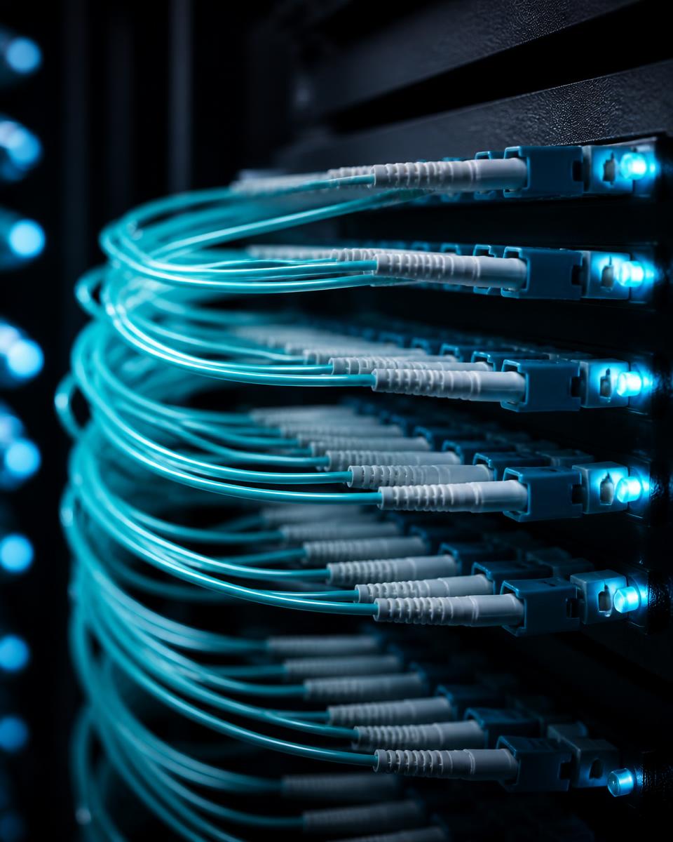 Fibre optic patch panel cabling in an enterprise data centre rack