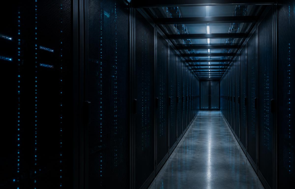 Cold aisle of a data centre with rows of server racks