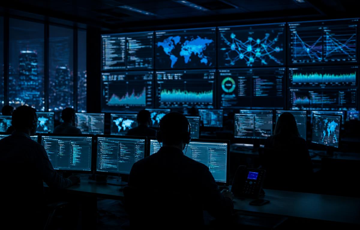 Engineers monitoring network dashboards in a network operations centre